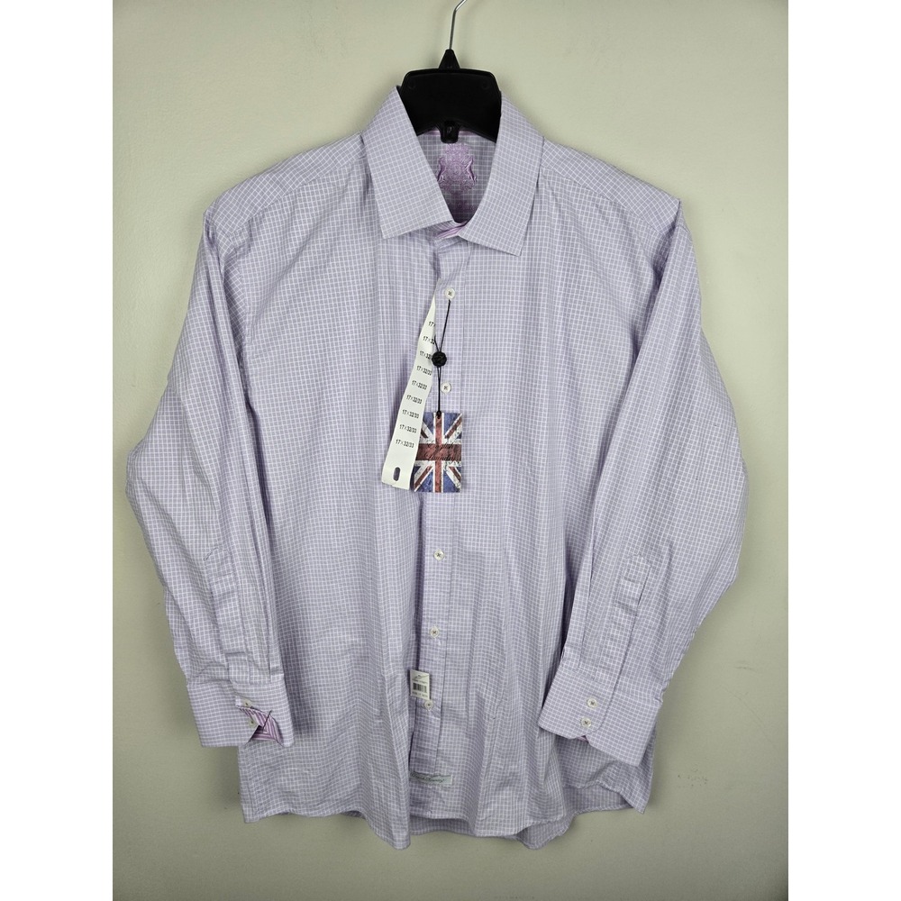 English Laundry Mens Lavender Micro Check Dress Shirt 17 32/33 Cotton Stretch